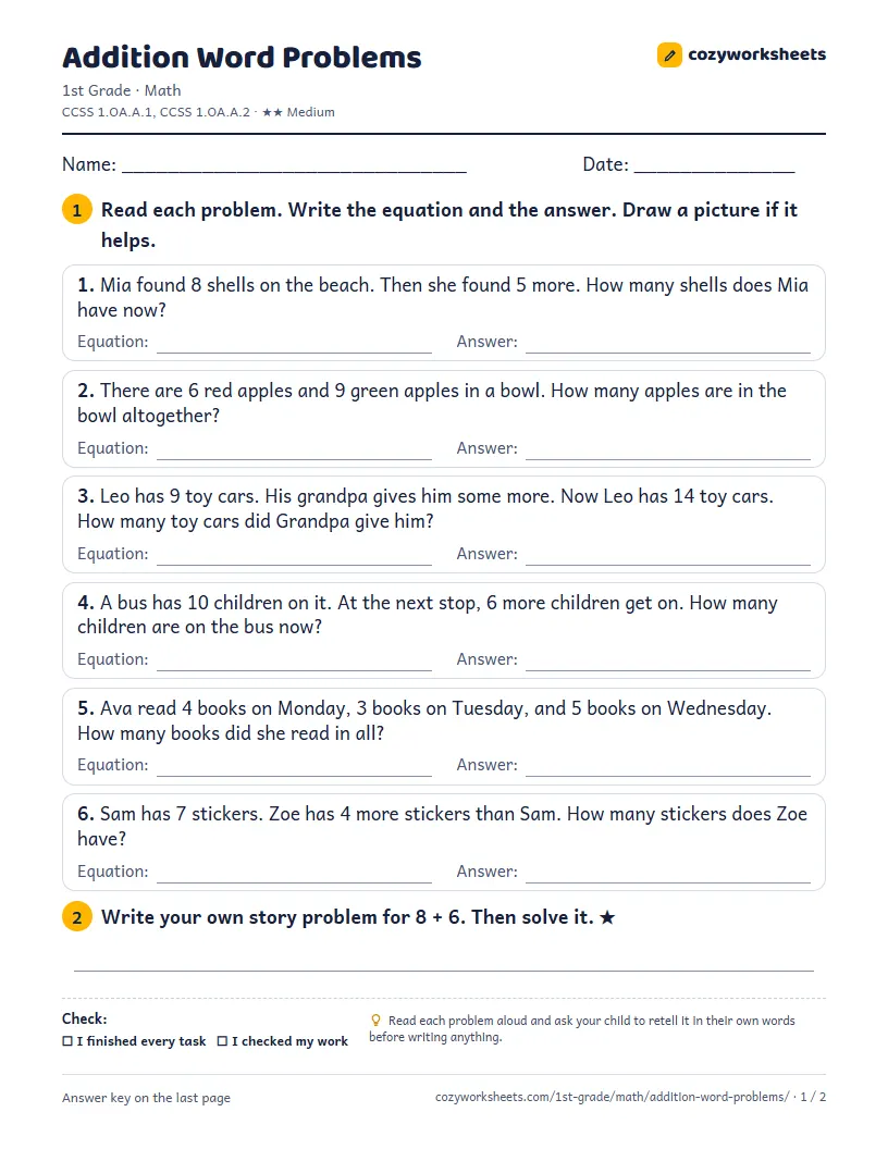 Preview of the worksheet: Addition Word Problems