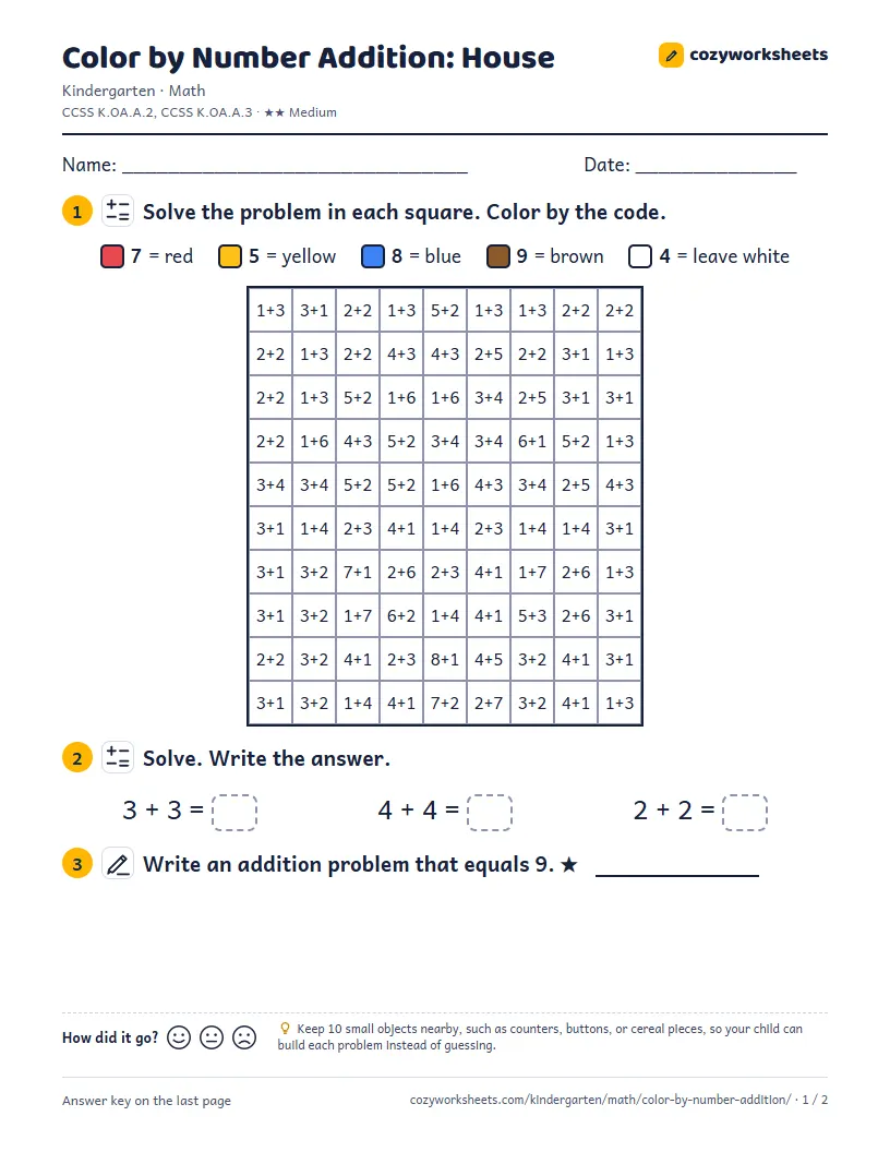 Preview of the worksheet: Color by Number Addition: House