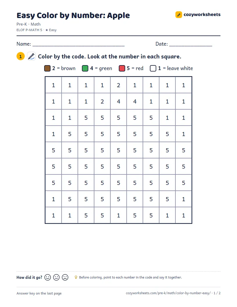 Preview of the worksheet: Easy Color by Number: Apple