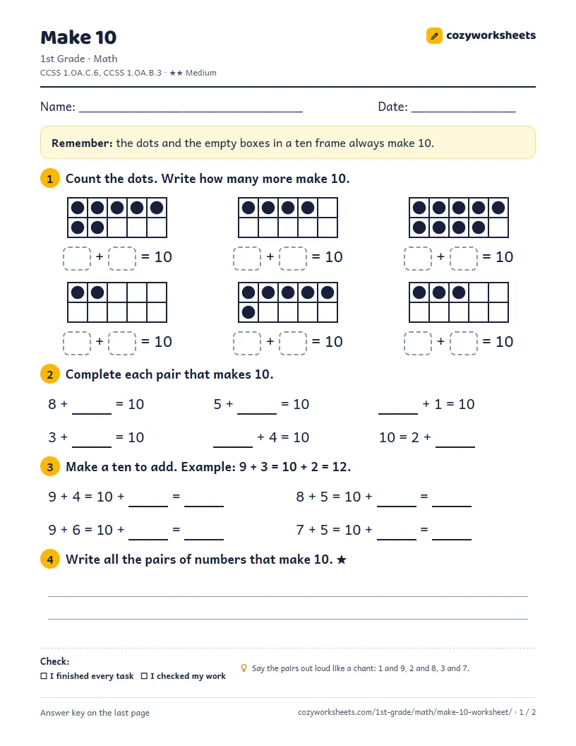 Preview of the worksheet: Make 10