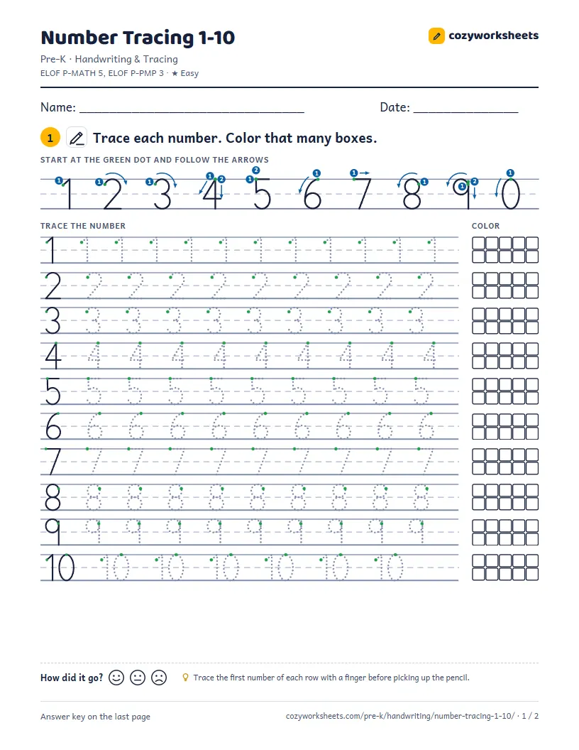 Preview of the worksheet: Number Tracing 1-10