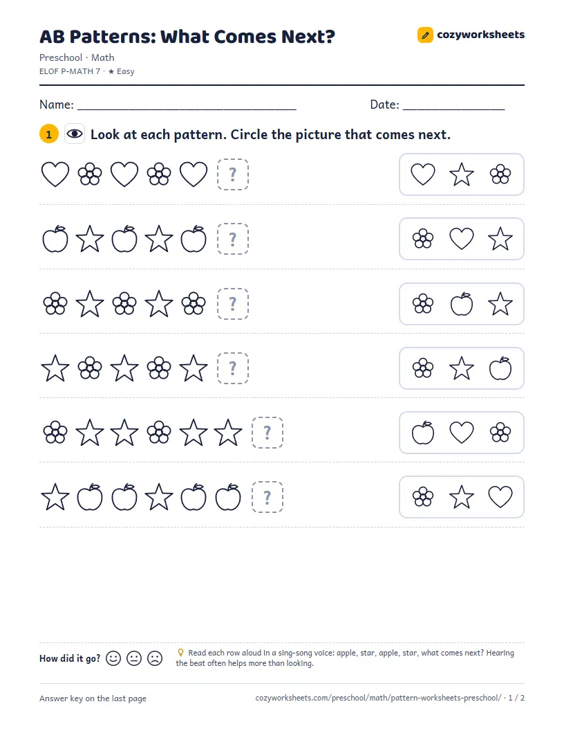 Preview of the worksheet: AB Patterns: What Comes Next?