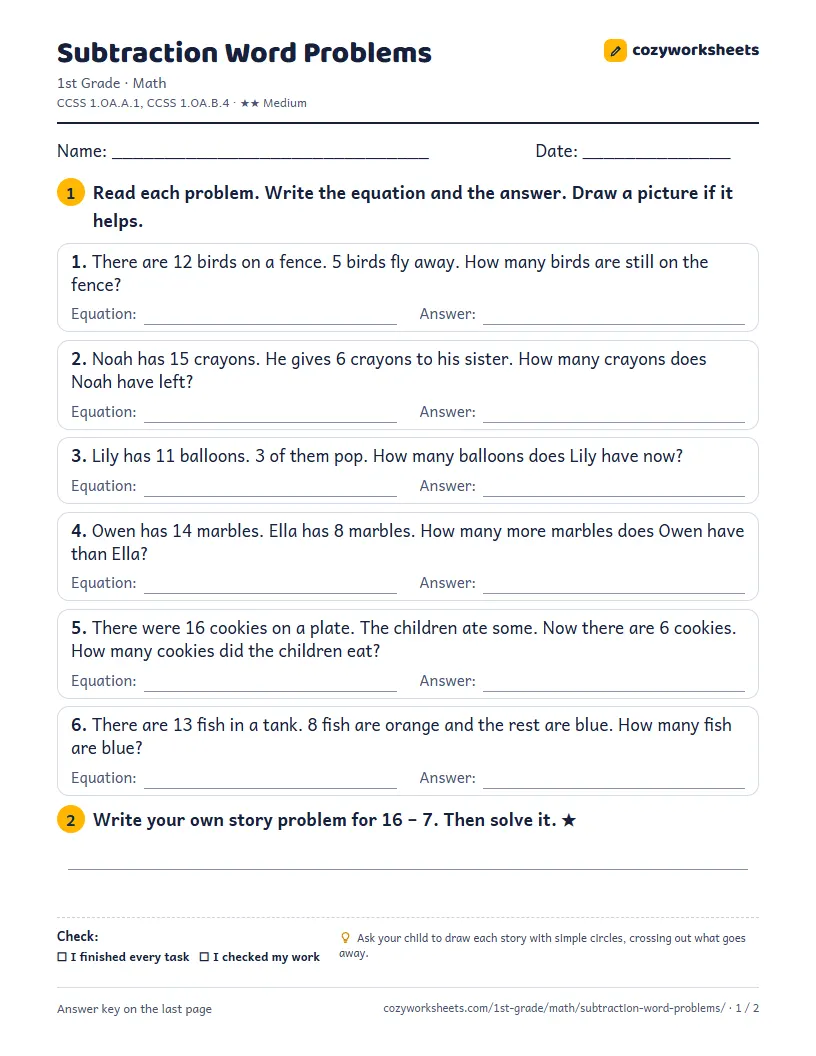 Preview of the worksheet: Subtraction Word Problems