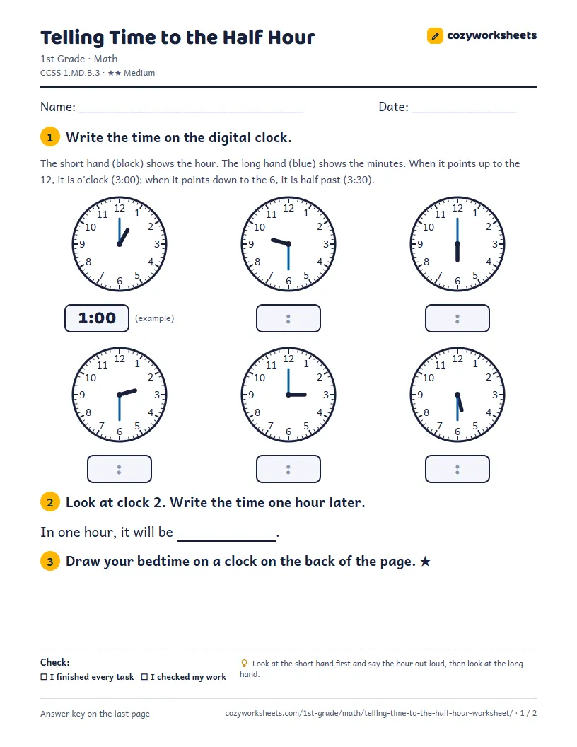 Preview of the worksheet: Telling Time to the Half Hour