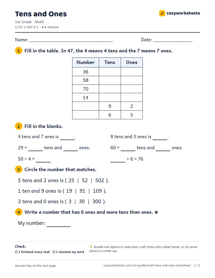 Preview of the worksheet: Tens and Ones