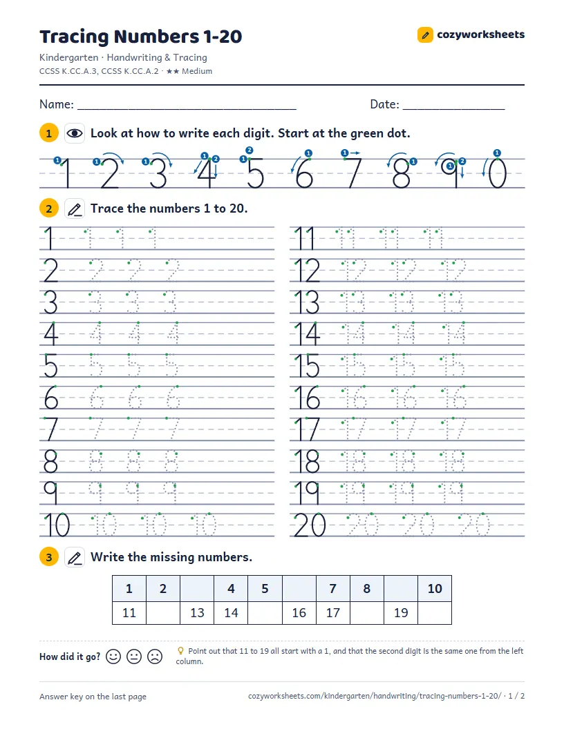 Preview of the worksheet: Tracing Numbers 1-20